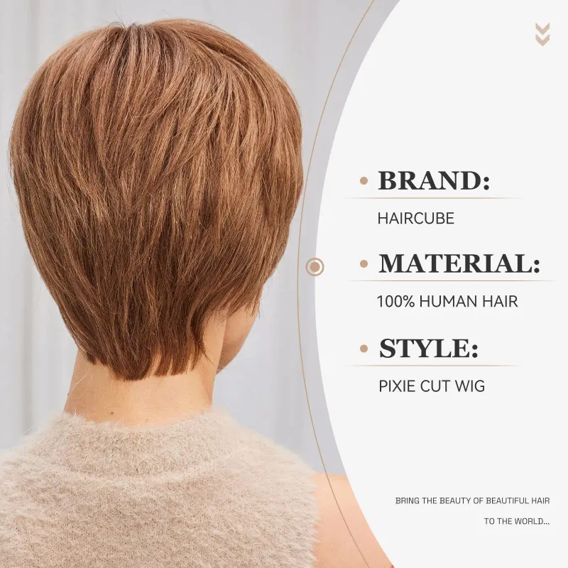 Goldbraune, kurze Bob-Perücken aus Echthaar, Pixie-Schnitt, gerade, geschichtete Perücken mit Pony für Frauen_voghion.com