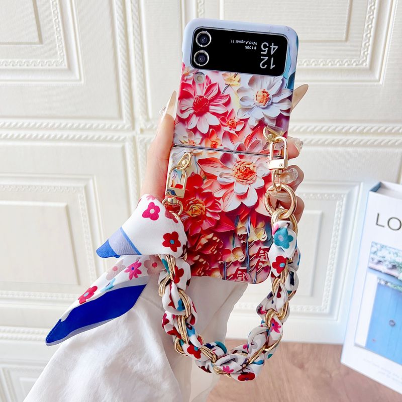 Unique Fashion Elegant Relief Flower Silk Strap Wrist Phone Case Cover For Samsung Galaxy Z Flip 3 4 5 6 7 F7220_voghion.com