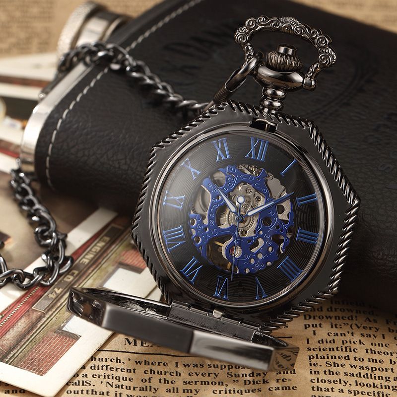 Hohle Taschenuhr, gravierte achteckige mechanische Taschenuhr, Retro, römische blaue Figuren_voghion.com