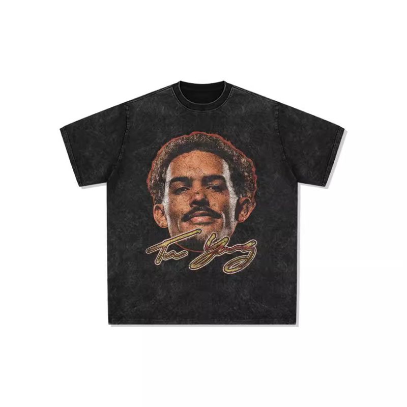 American Style Trae Young Big Head Print Short Sleeve T-Shirt Round Neck Versatile Loose Trendy_voghion.com