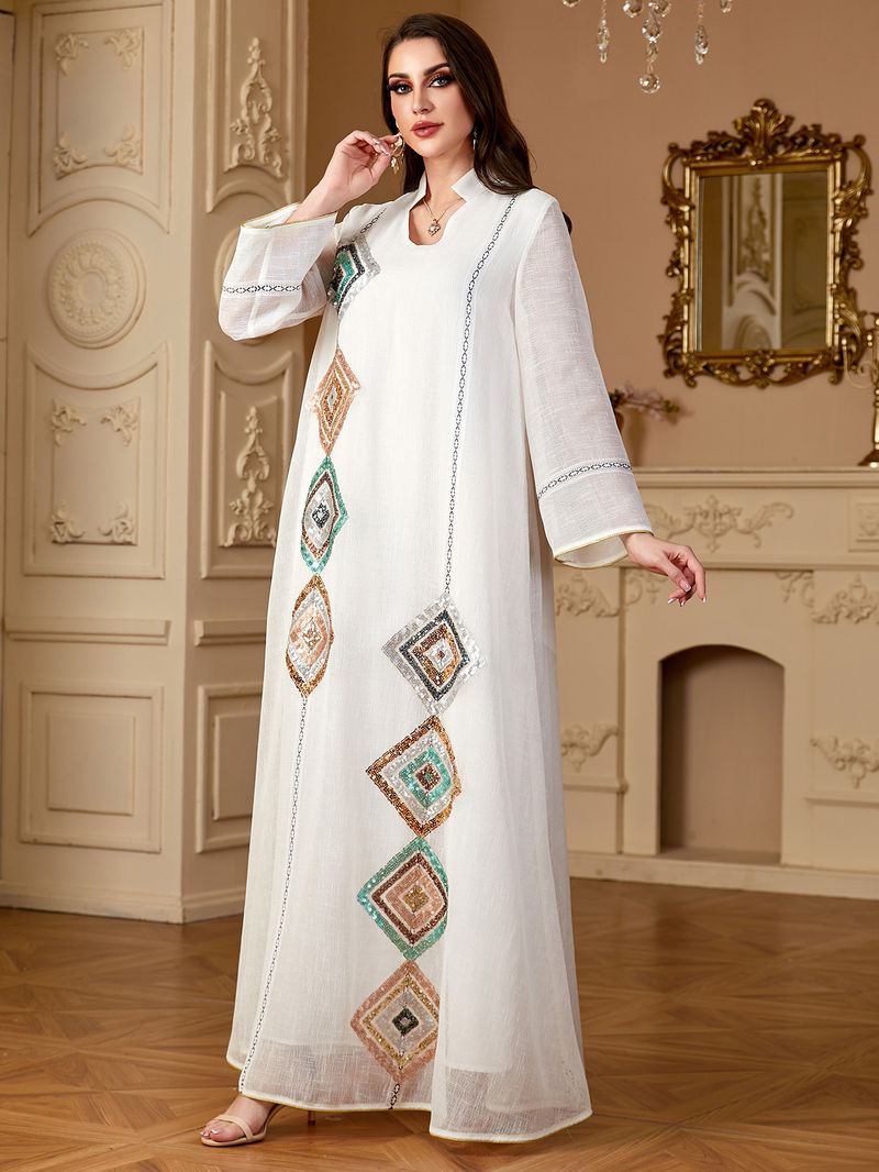 Women's Clothing Muslim Middle East Sleeved Abaya Sequined Long Skirt Saudi Arabia Dubai Dress_voghion.com