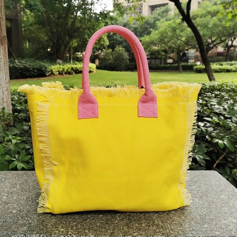 Christmas Present Simple Fashion Design Women's Tassels Handbag Large Capacity Canvas Beach Brand Tote Bag_voghion.com