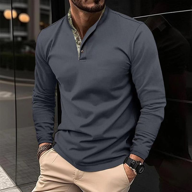 Polo da uomo a maniche lunghe con colletto alto e cuciture, modello Waffle, primavera e autunno_voghion.com