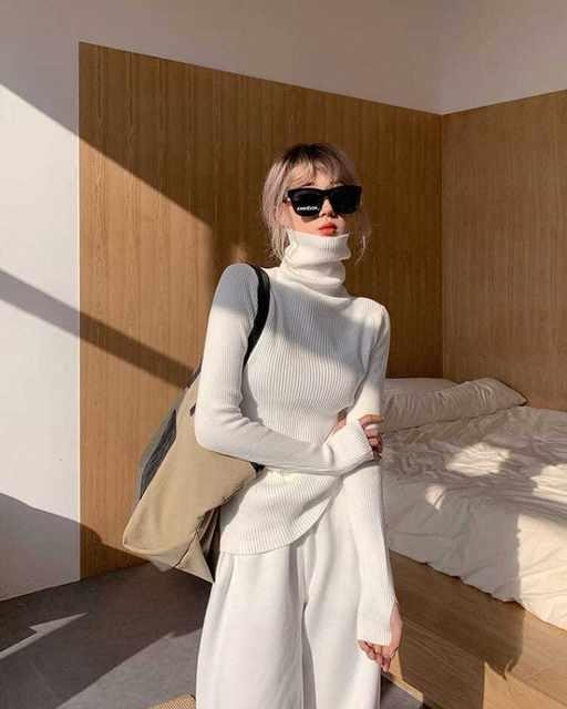 Dame haugevis av krage Turtleneck gensere Høst Vinter Slank Pullover Dame Basic Overdeler Uformell Myk strikket Genser Myk Varm Genser_voghion.com