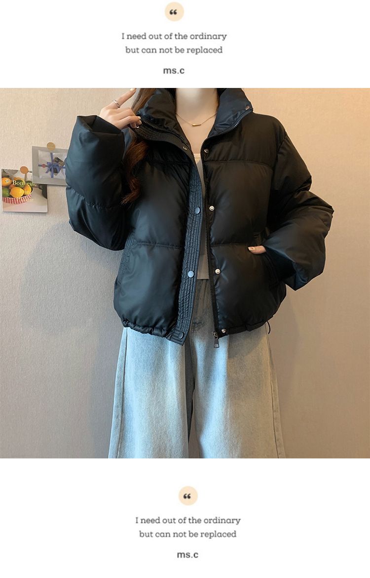 Dameskleding Koreaanse versie korte opstaande kraag kleine winterjassen katoenen jas voor dames eenvoudige losse versie rits pufferjack effen kleur_voghion.com