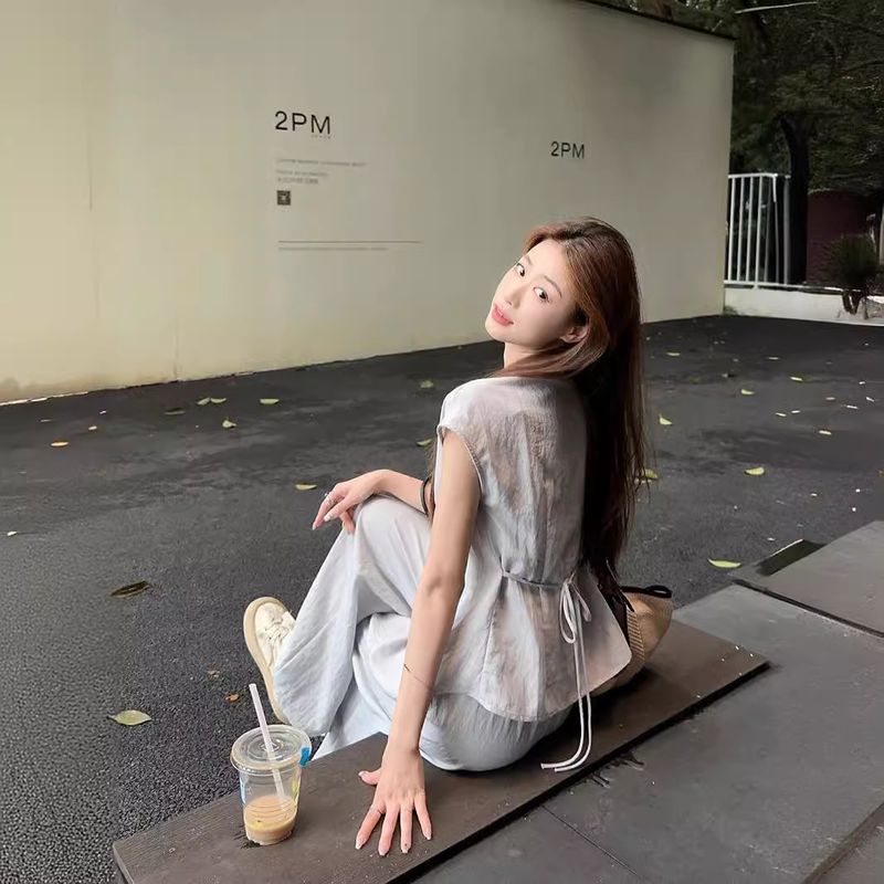 Summer Elegant Simple Tie Waist Slimming Flutter Sleeve Blouse Wide Leg Floor-Length Pants Set 66249_voghion.com