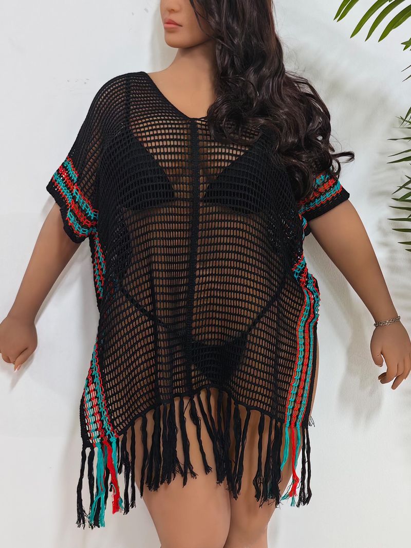 Chemisier de vacances pour femmes, grande taille, rayé, coutures contrastées, robe de plage, bikini, vêtements d'extérieur_voghion.com