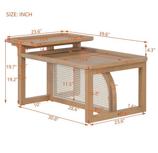 Modern 2 Piece Nesting Rattan Wood+ MDF Coffee Table Set In Natural_voghion.com