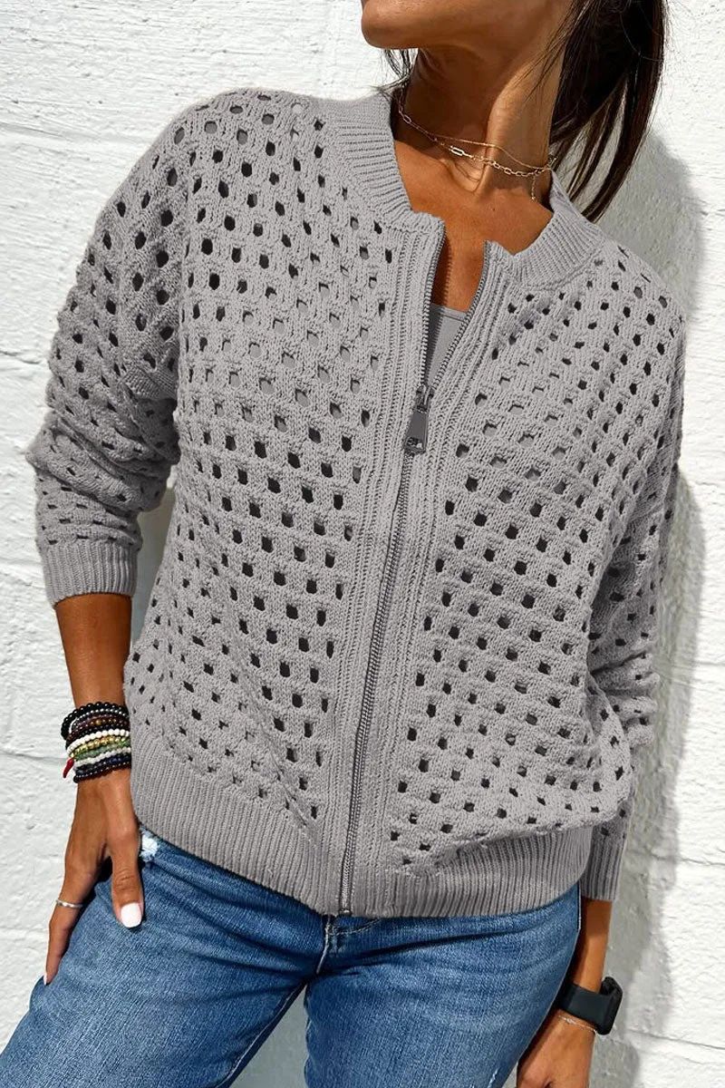 Women's Casual Knit Zip-Up Jacket With Lace Detailing - Breathable Cotton Blend, Versatile Open Front Cardigan For Everyday Wear_voghion.com