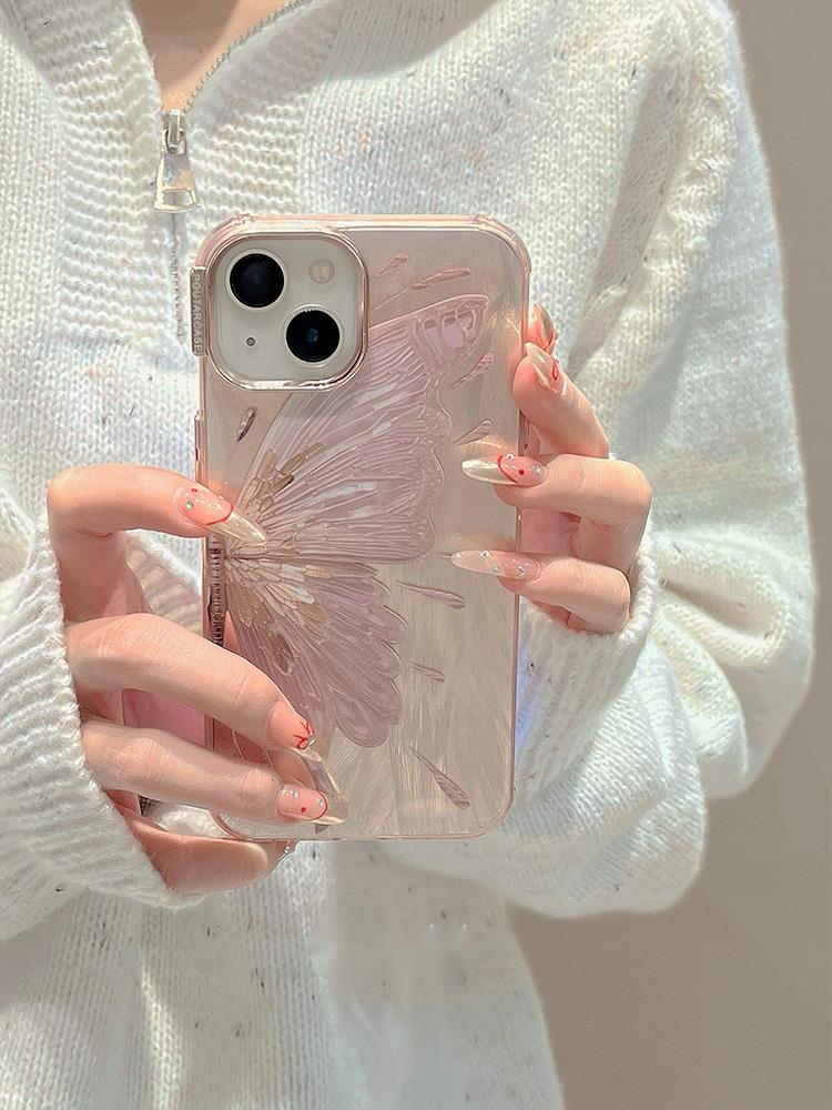Advanced feeling electroplated pink butterfly suitable for iPhone Promax case, 16 new model, 12 luxurious feather_voghion.com
