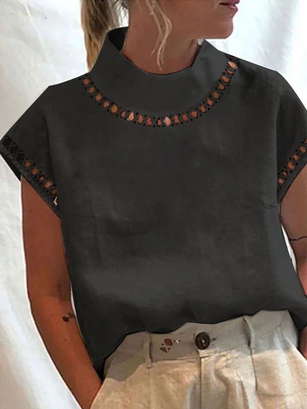 Maglietta traspirante casual in lino e pizzo con collo alto, tinta unita, da donna_voghion.com