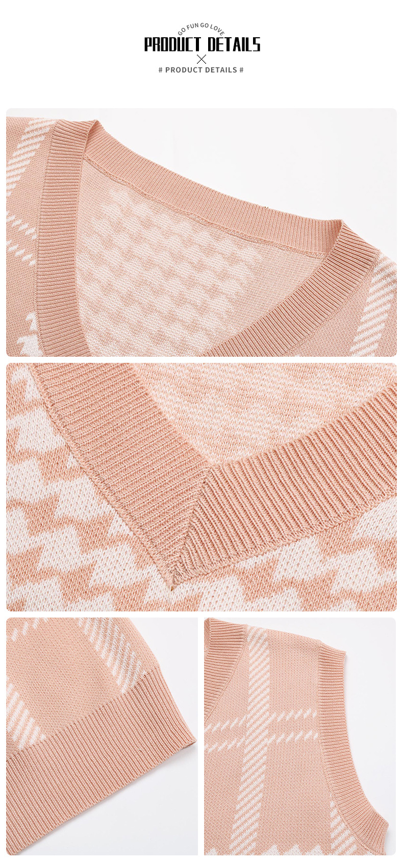 Pink Houndstooth Short Knitted Waistcoat_voghion.com