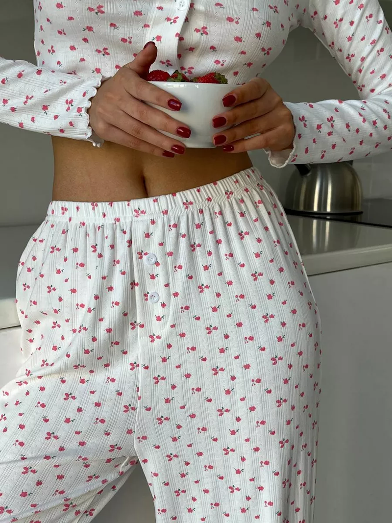 Ladies Butterfly Flower Floral Print Pajama Set, Short Waist Long-sleeved Top And Trousers, Thin Loungewear, Sweat-absorbing And Breathable._voghion.com
