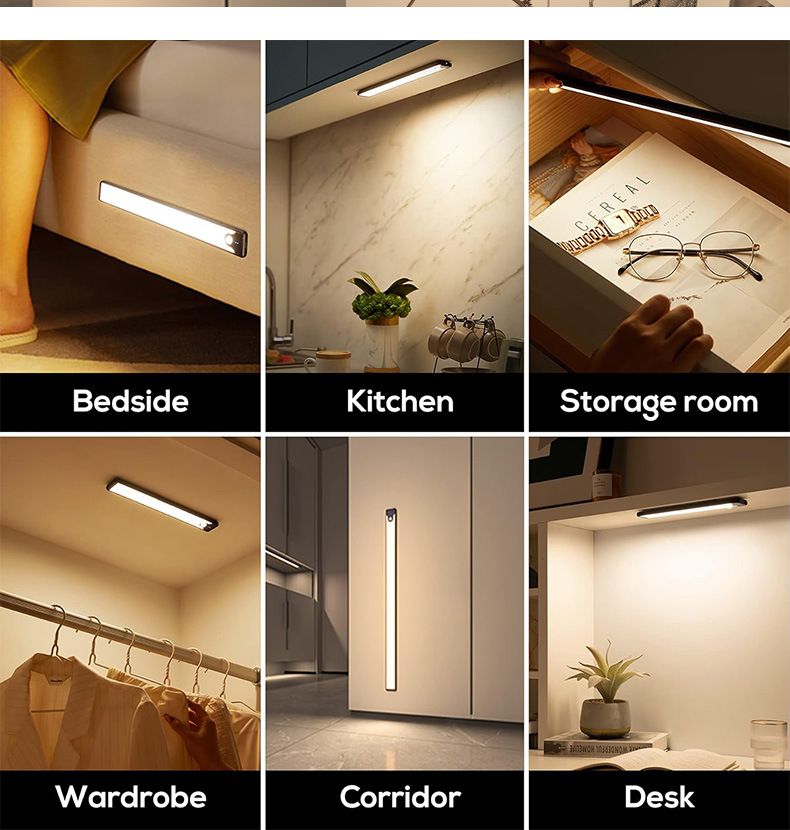 Smart Motion Sensor LED Strip Light - Rechargeable Wireless Cabinet Lighting, 20cm/40cm Dimmable Night Light PC Cover (Warm White/Matte Black)_voghion.com