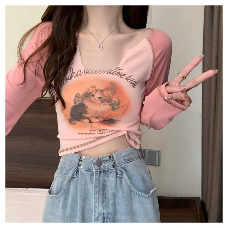 2023 Ropa Mujer Women Tshirts Cat Print Long Sleeve Tunic Tees Crop T Shirt Contrast Color Casual Fashion Korean Y2k T-shirt_voghion.com