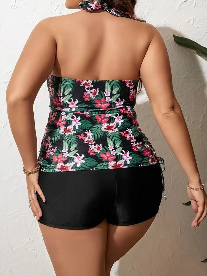 Plus Size Floral Print Tie Back Bikini Set - Sexy High Waisted Swimwear For Women, Adjustable Straps & Push Up Design, Backless Bathing Suit_voghion.com