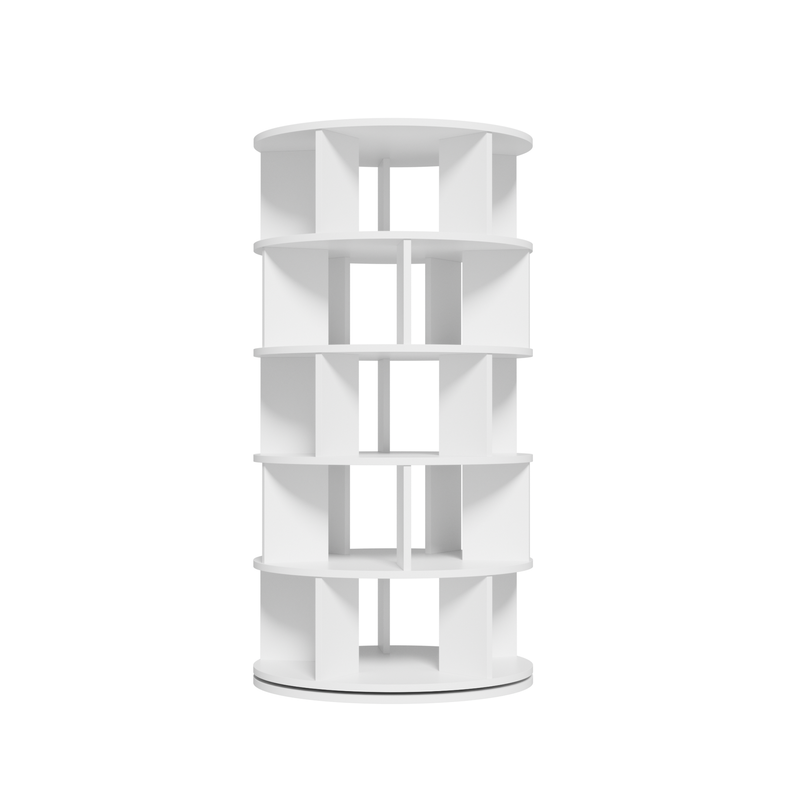 Étagère à chaussures rotative à 5 niveaux, design blanc à coins arrondis, hauteur 115 cm, largeur 60 cm, plateau tournant peu encombrant pour la maison_voghion.com