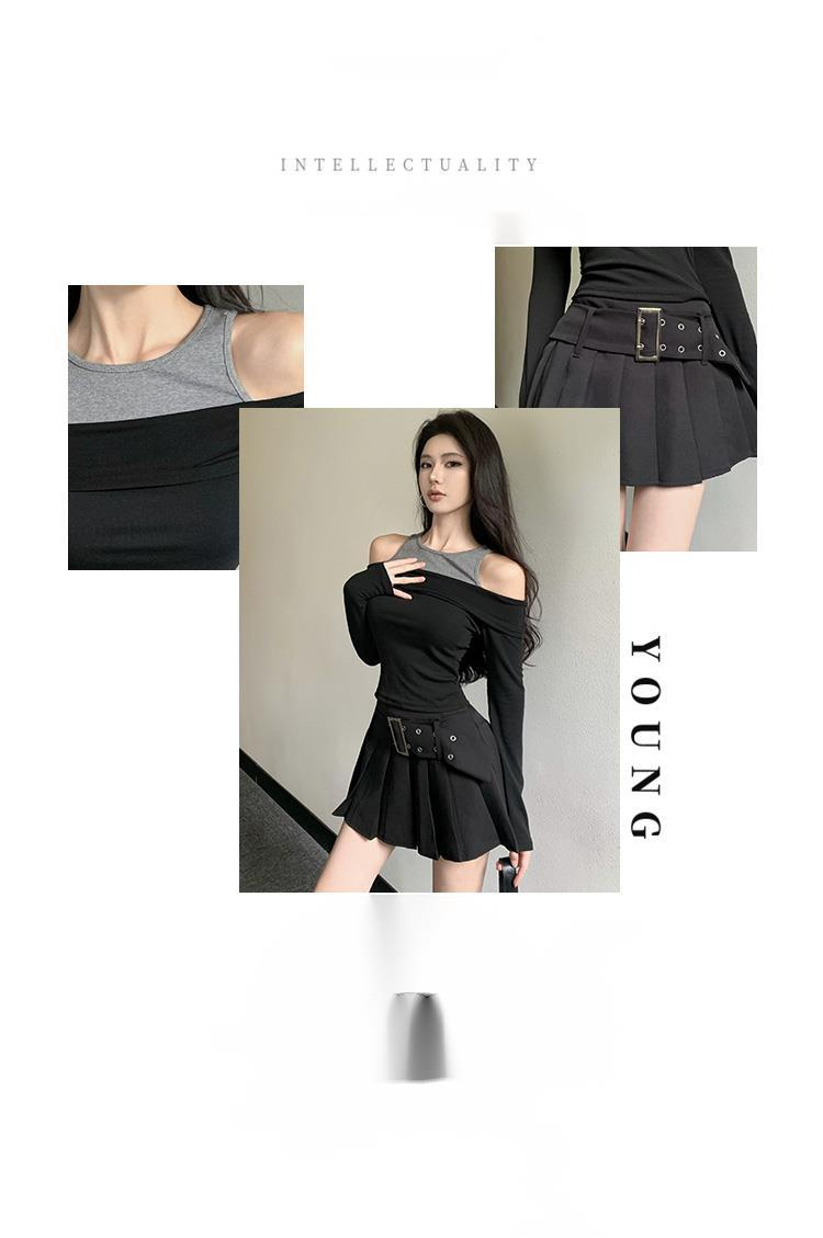 ~~2024 outono inverno nova cor bloqueada um ombro manga comprida camiseta conjunto de duas peças com cinto e saia plissada_voghion.com