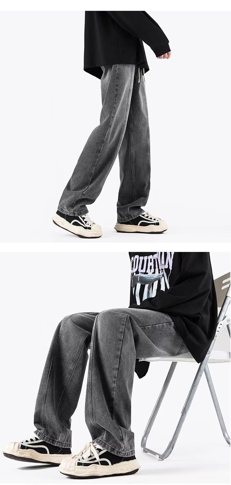 Washed Denim Jeans Men's Spring American High Street Oversized Trendy Brand Loose Straight Leg Pants_voghion.com