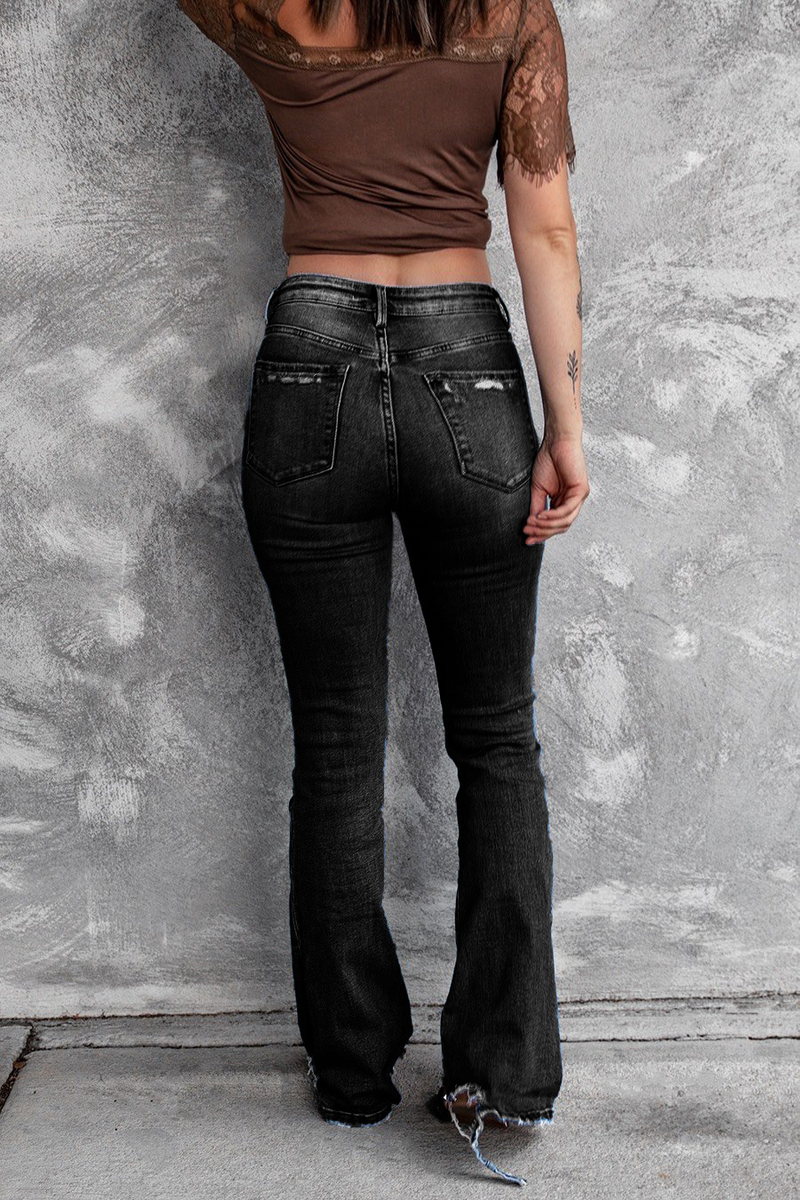 Jeans aderenti a vita alta, elastici, retrò, aderenti, da donna, con fondo a campana, strappati_voghion.com
