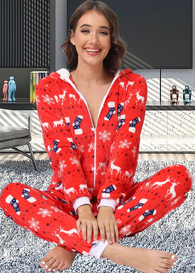 women's Christmas deer snowflake flannel hooded jumpsuit pajamas home clothes_voghion.com