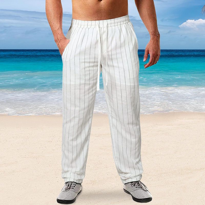 Nuovi pantaloni da uomo a righe verticali con coulisse elastica in vita in cotone e lino pantaloni casual da spiaggia_voghion.com