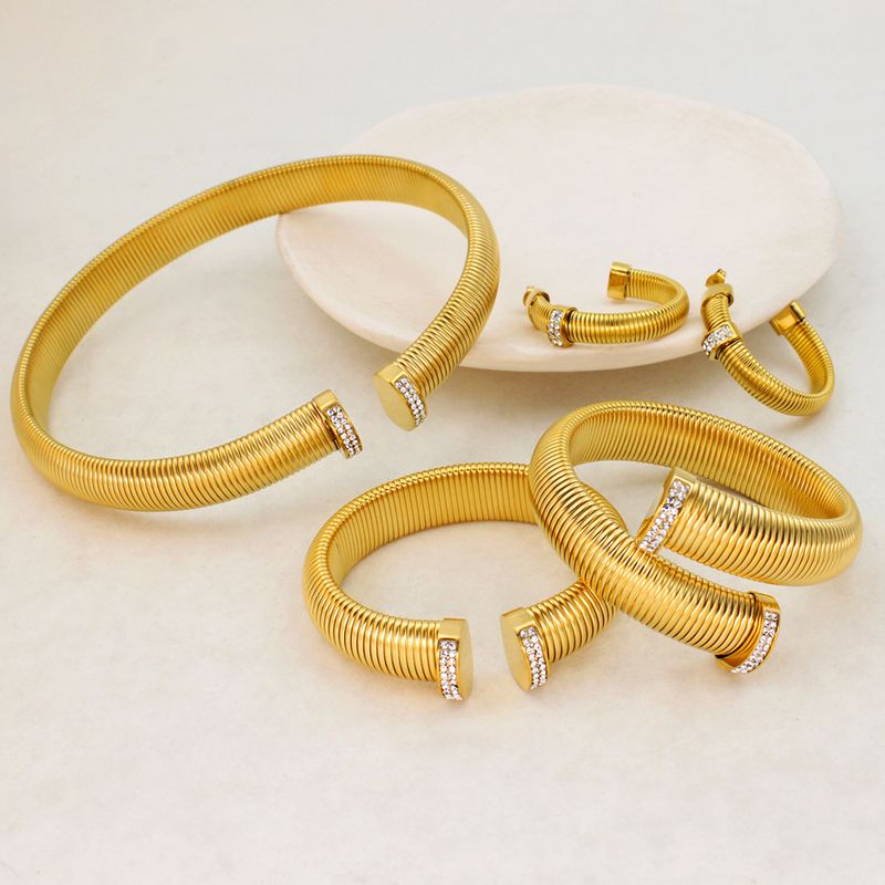 Wemen's Jewelry Titanium Steel Zircon Necklace Earrings Open Bracelet Collar Set_voghion.com