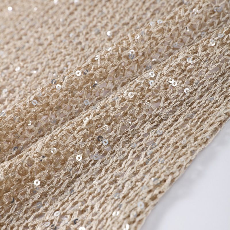 Maglione a maniche lunghe in maglia con paillettes color champagne per donna, elegante pullover casual con decorazioni glitterate, vestibilità elasticizzata e traspirante per l'ufficio_voghion.com