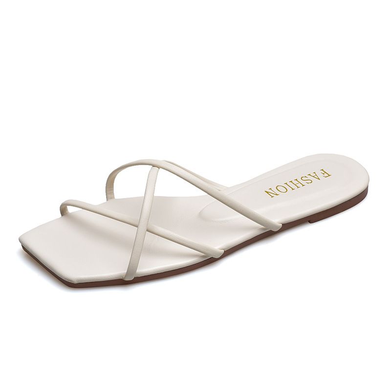 Fairy Style Slippers For Women New 2025 Summer Outdoor Korean Version Simple Thin Strap Square Toe Flat Beach Sandals_voghion.com