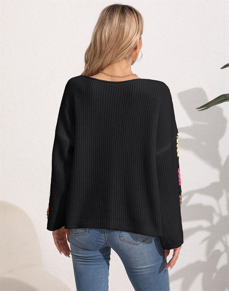 Pullover mit handgehäkelten Details, lässiger, lockerer Strickpullover für Damen, langärmliges Oberteil mit Rundhalsausschnitt (Weiß/Schwarz/Beige)_voghion.com
