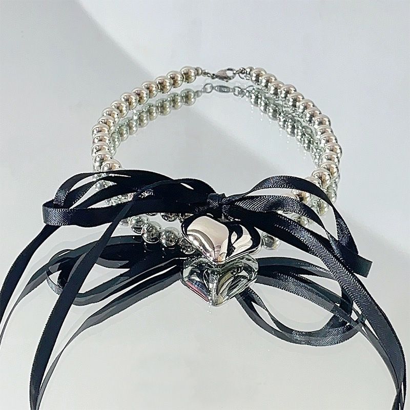 Koreaanse Dongdaemun zoete coole hart hanger lint strik kralen ketting pure verlangen stijl choker sleutelbeen ketting voor_voghion.com