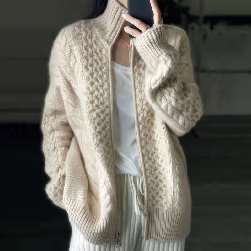 Damenbekleidung Schwerer, verdickter Rollkragenpullover mit Reißverschluss und gedrehtem Kaschmir-Cardigan für Damen Weicher, lockerer, kurzer Pullover aus Wolle_voghion.com