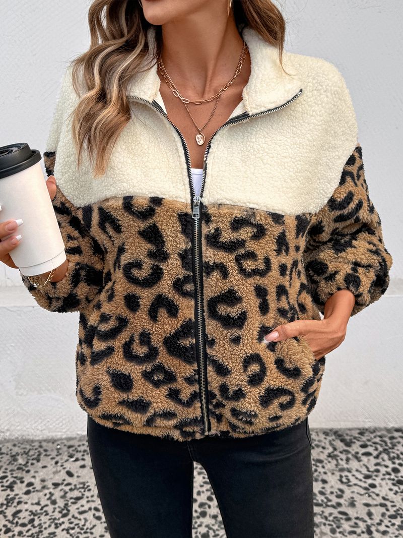 Damenmantel aus Kunstpelz mit Leopardenmuster – Übergroße Winterjacke mit Stehkragen für einen mutigen Stil (Beige, S-XL)_voghion.com