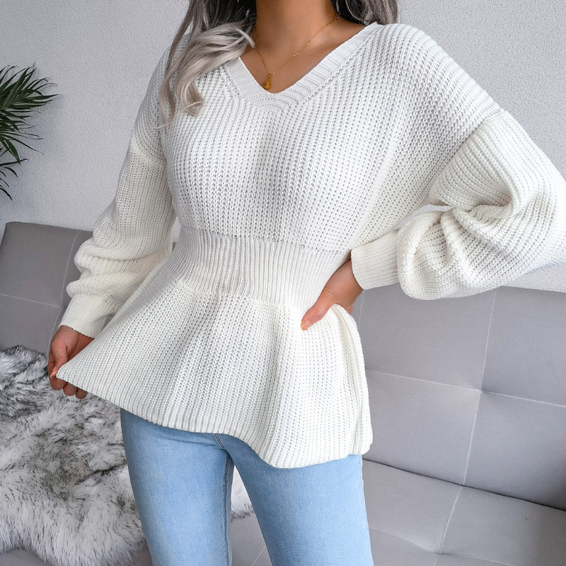 Maglione lavorato a maglia con volant e orlo a coste, stile Ins, autunno inverno, abbigliamento da donna_voghion.com