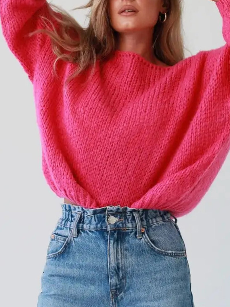 Women's autumn and winter new women's sexy one-line collar off-shoulder solid color loose knitted pullover sweater_voghion.com