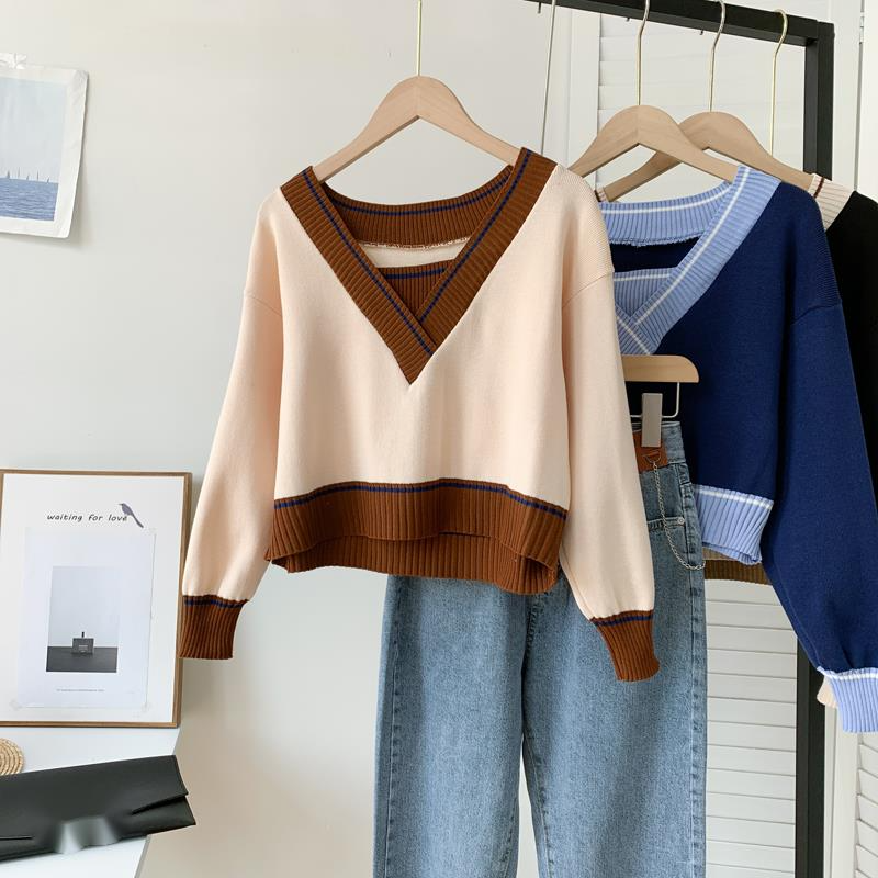 Pull ample à col en V de style occidental pour femme au printemps et en automne, nouveau pull court en tricot à blocs de couleurs,_voghion.com