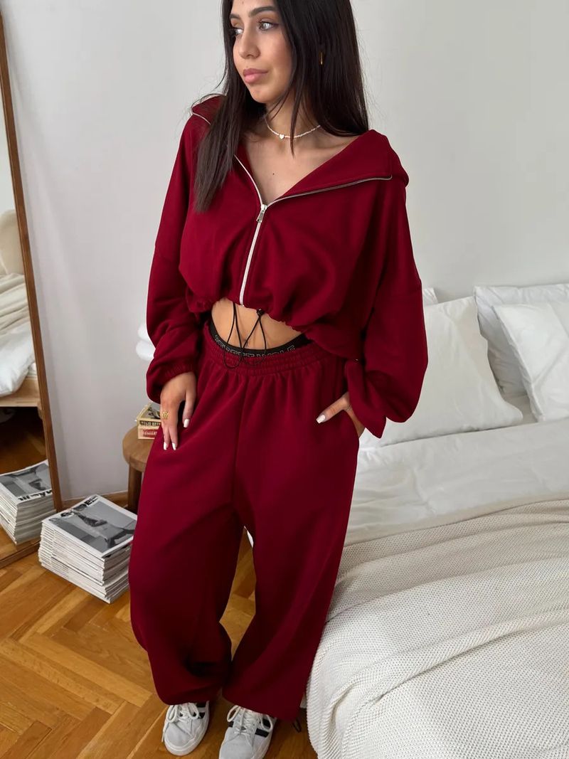 Women's Casual Solid Color Long Sleeve Zipper Cardigan Drawstring Hoodie Sweatshirt Elastic Pants Two-Piece Set_voghion.com