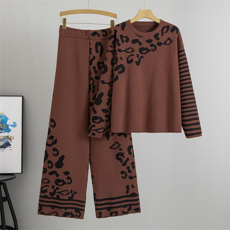 K Ladies' Two-piece Set With A High-end Feel, Loose Leopard Print Sweater And Pants, Fashionable Casual Women's Clothing Set_voghion.com
