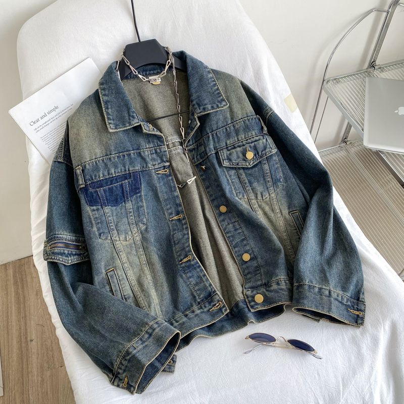 Chaqueta vaquera vintage lavada para mujer: camisa oversize estilo BF de manga larga con abertura frontal y bolsillos._voghion.com