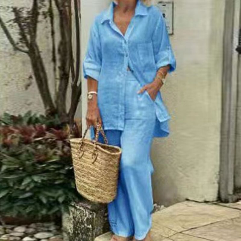 Zweiteiliges Set aus langärmligem Cardigan-Oberteil und Hose mit Revers für Damen_voghion.com