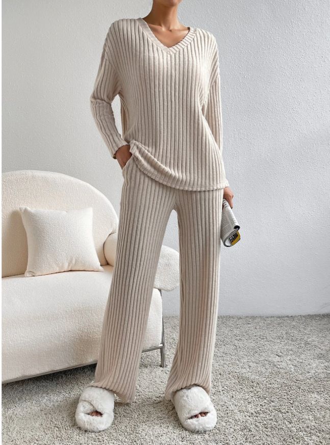 Dameskleding Tweedelig pak Mode Casual Rechte broek Temperament Losse V-hals Gestreept Gebreid Pak_voghion.com