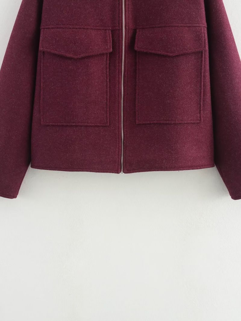 Trendige Jacke aus Wollmischung mit Reißverschluss – Stylischer Tweedmantel für Damen mit Taschen, Streetwear-Chic (Weinrot, Grau, Kaffeebraun, S-L)_voghion.com