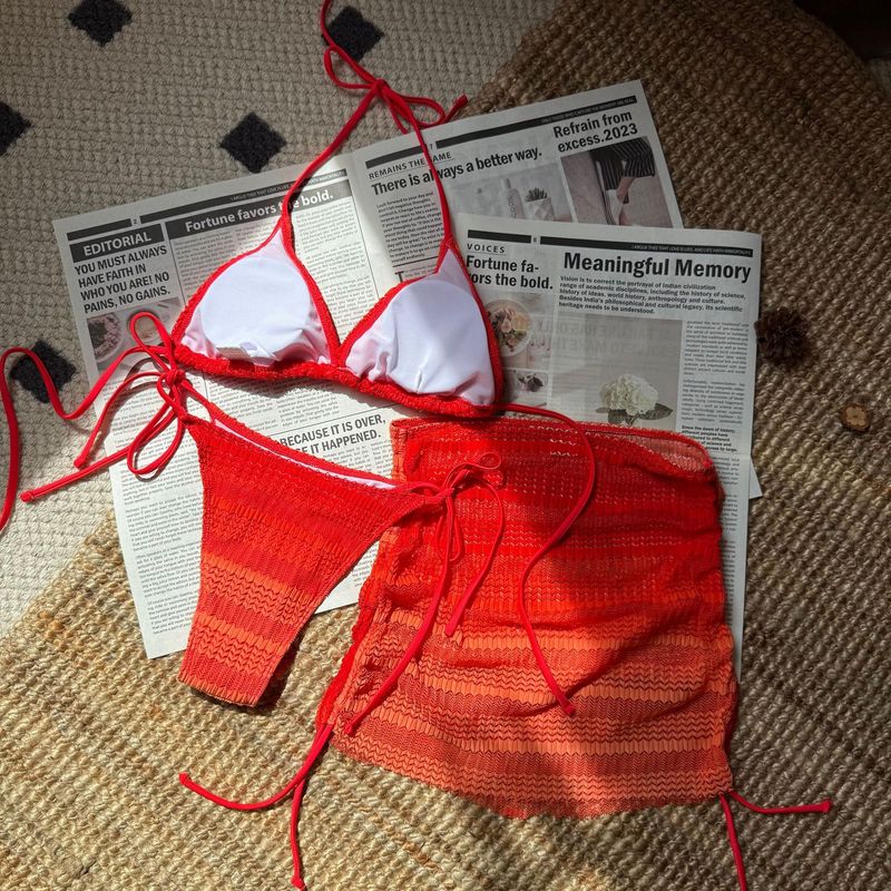 2025 New European And American Gradient Mesh Three Piece Beach Short Skirt Sexy Bikini_voghion.com