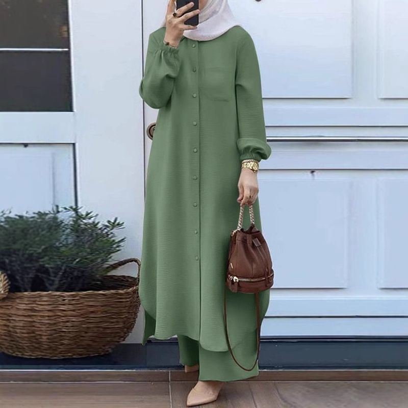 Elegante completo arabo: top ricamato e pantaloni larghi e fluidi (7 colori) | Completo da donna musulmana sobrio e versatile_voghion.com