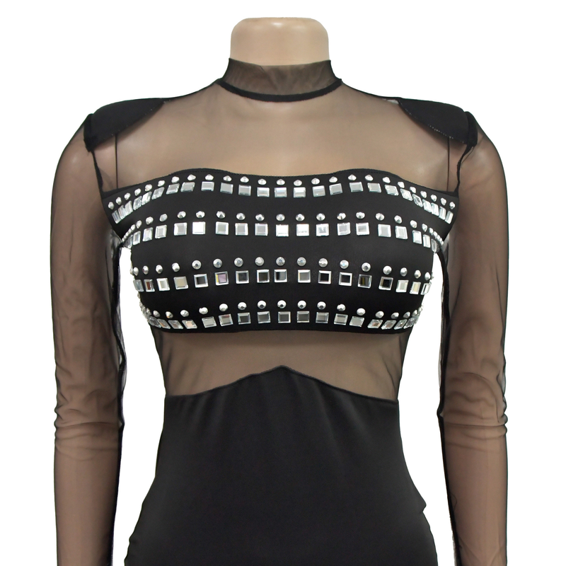 Women's solid color mesh rhinestone long-sleeved long skirt dress_voghion.com