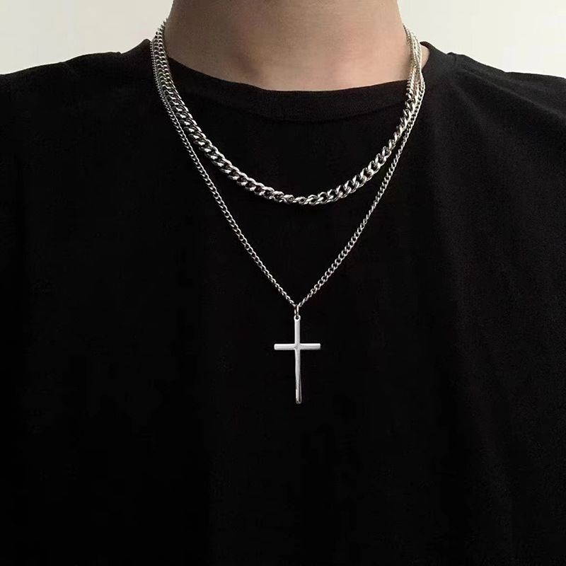 Collana con croce a doppio strato in acciaio al titanio, stile cubano, da uomo, con personalità hip-hop femminile, versatile, con accessori_voghion.com
