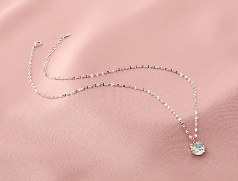 Sterling VENUS Sier Color Aurora Cat Necklace Lady Temperament Sweet Moonstone Meow Planet Clavicle Chain_voghion.com