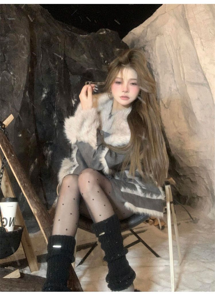 Grau Kran Silber Schnee Winter Neue frauen Anzug Elegante Pelzigen Patchwork High-end-Mantel Vielseitig Mode Shorts_voghion.com