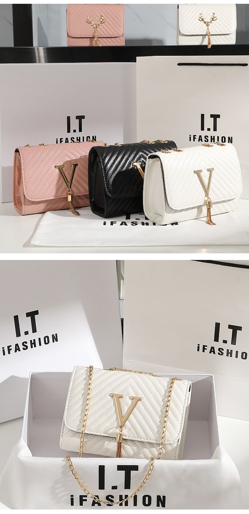2024 Nuova tendenza della moda Semplice e versatile a strisce ricamate con decorazione a nappa a forma di V Spalla singola da donna_voghion.com