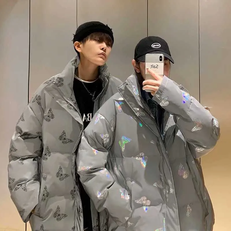 Veste parka rembourrée réfléchissante pour homme et femme, manteau d'hiver épais, coupe-vent, ample et chaud, avec papillon brillant_voghion.com
